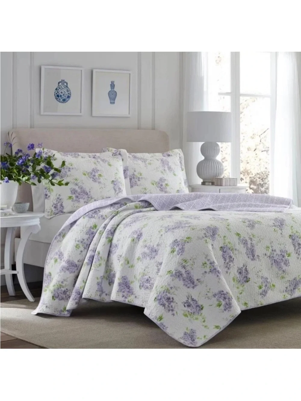 Laura Ashley ~ Full/Queen Keighley Floral 3 Pc Quilt Set Reversible Purple